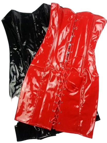 Black and red vinyl corsets on a white background