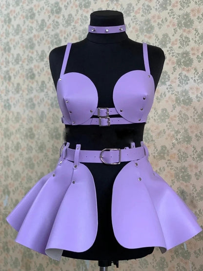 Women's Pu Leather Strap Bra Space Costume Singer Cosplay Space Suspenders Gothic Ruffle Suspenders Holographic Leather Outfit