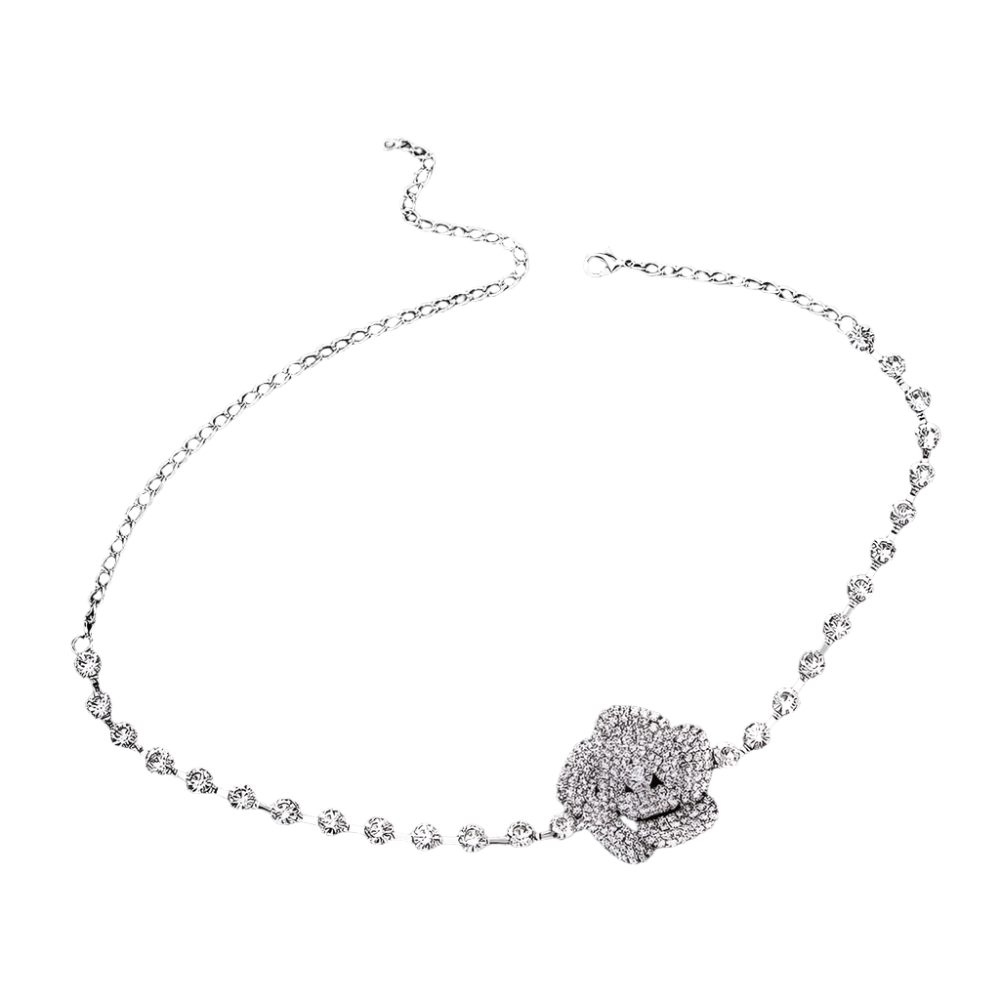 3D crystal rose choker with full rhinestone tennis chain - perfect for elegant resort evenings