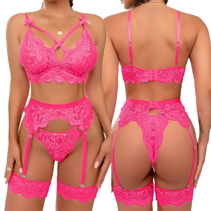 Bright pink lace lingerie set shown on a model from the front and back, featuring a strappy bra, matching panties, garter straps, and thigh bands.