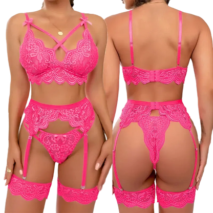 Bright pink lace lingerie set shown on a model from the front and back, featuring a strappy bra, matching panties, garter straps, and thigh bands.