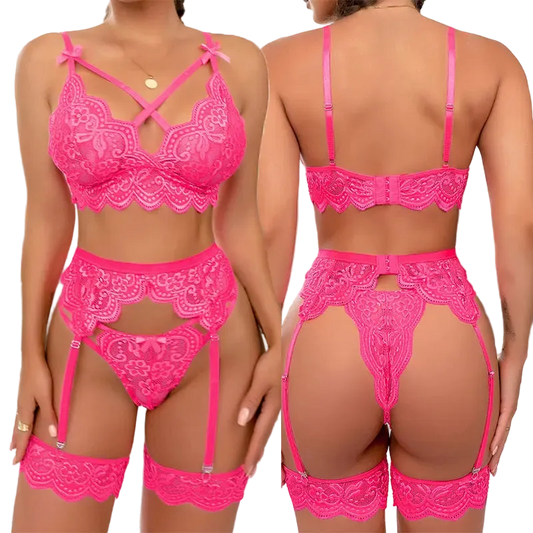 Bright pink lace lingerie set shown on a model from the front and back, featuring a strappy bra, matching panties, garter straps, and thigh bands.