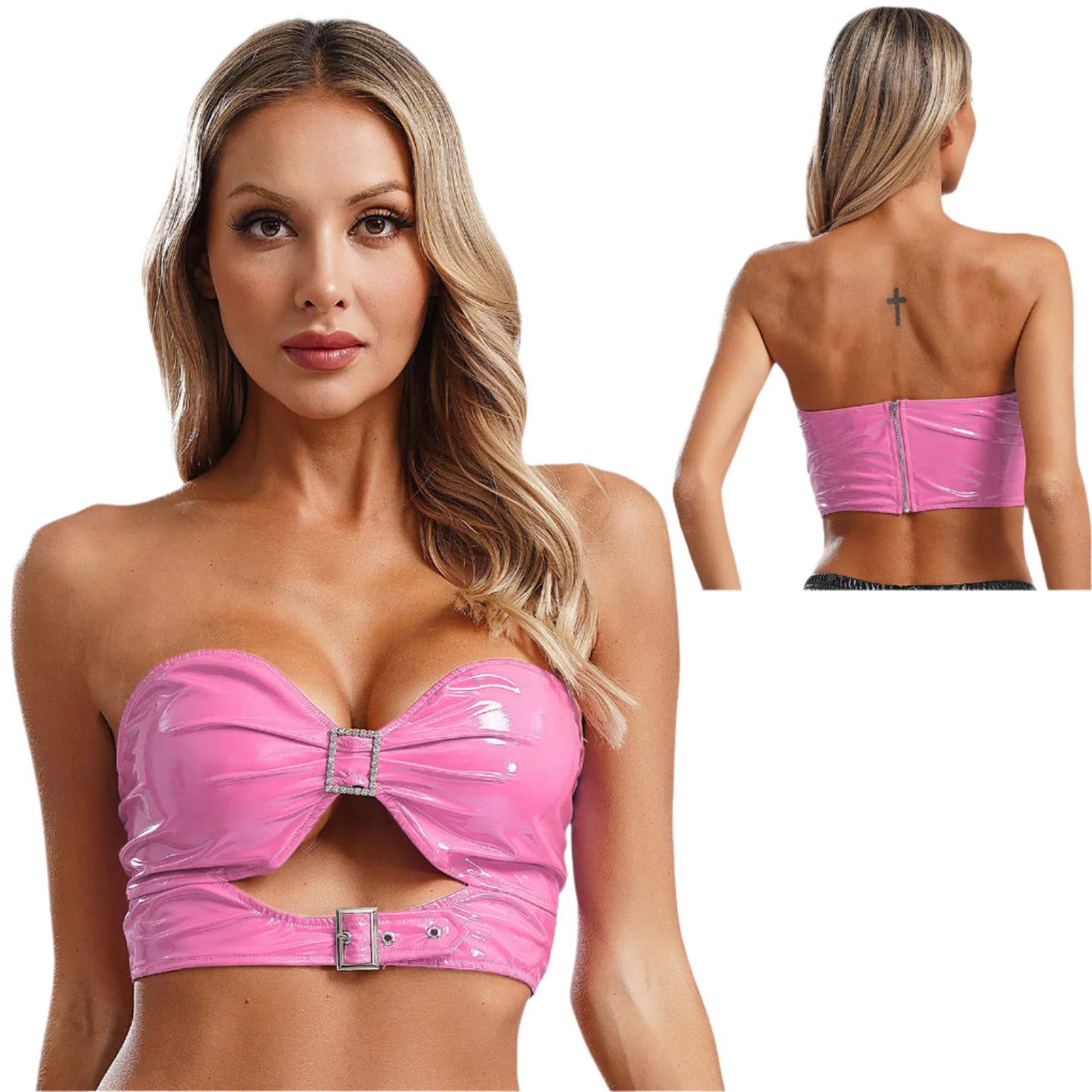 Patent Leather Crop Bra Top | Pink Hollow Out Style