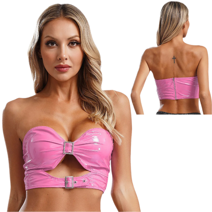 Patent Leather Crop Bra Top | Pink Hollow Out Style