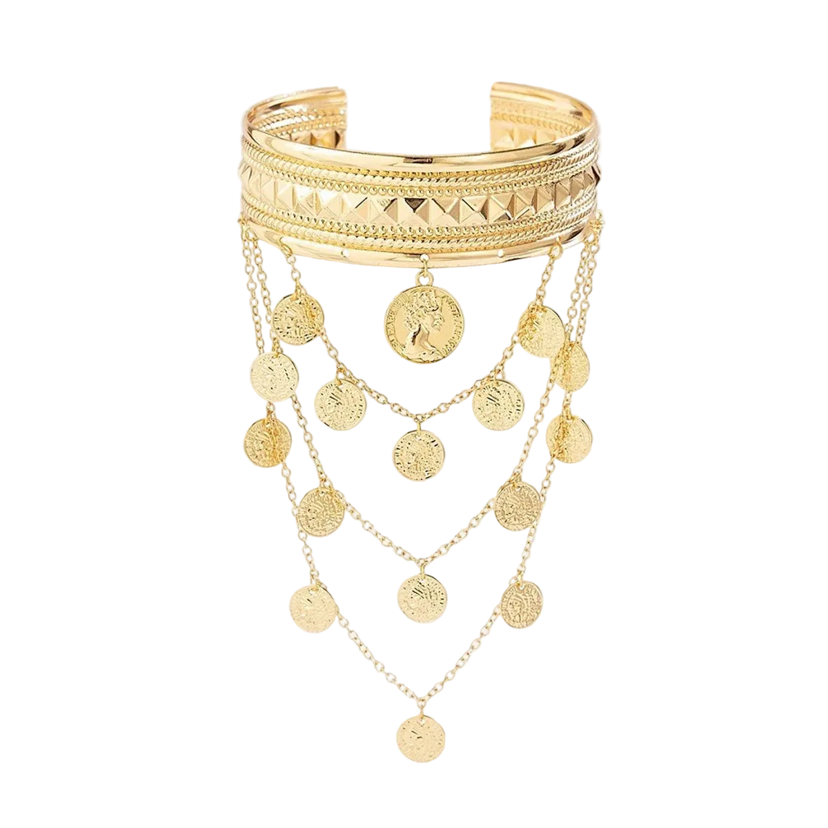 A gold-toned multi-strand cuff bracelet with geometric textured bands and multiple dangling coin-shaped chain charms, shown on a light cream background.