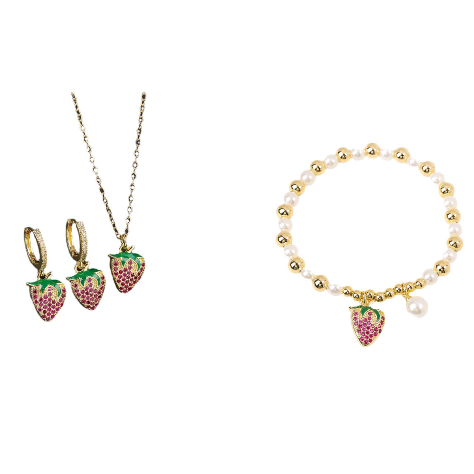 Jewelry set with strawberry-themed earrings, necklace, and bracelet on a white background.