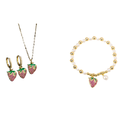 Jewelry set with strawberry-themed earrings, necklace, and bracelet on a white background.