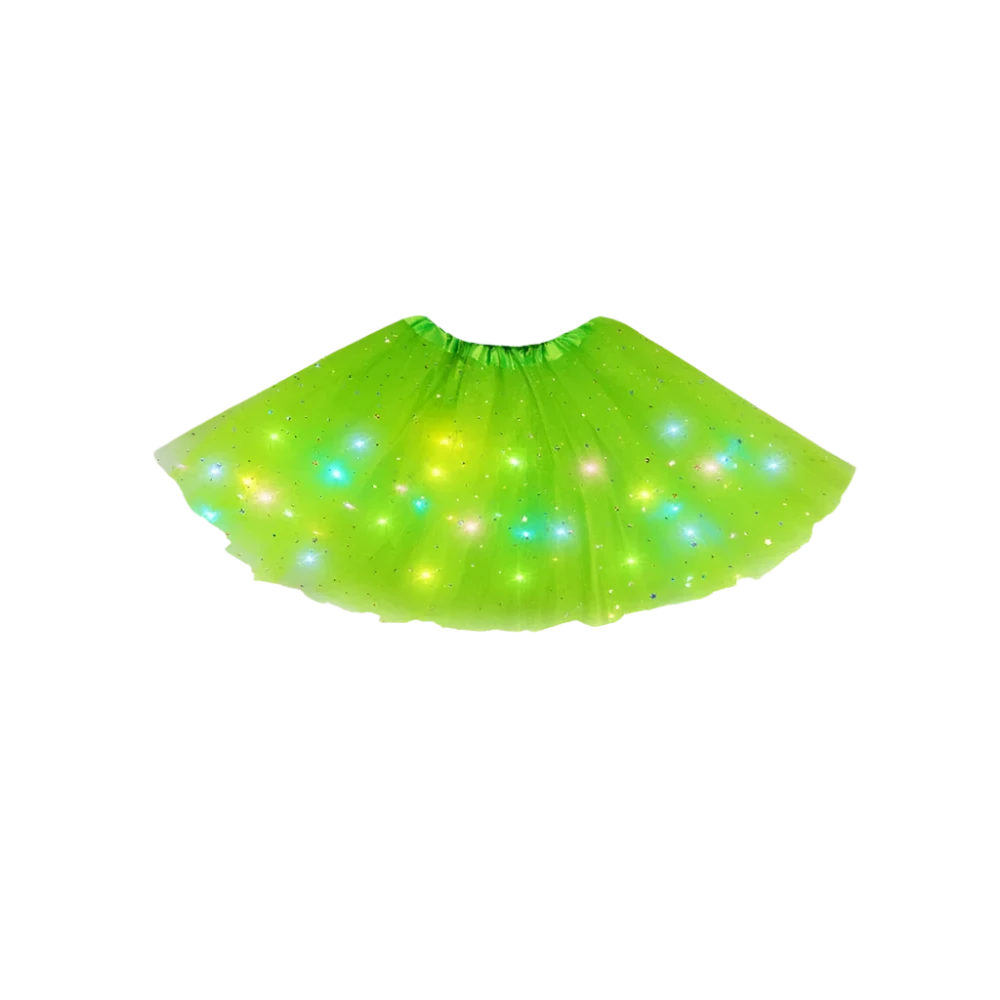 LED Light-Up Skirt: A black skirt featuring colorful LED lights embedded within, creating a twinkling effect with various colors like pink, green, and blue.

