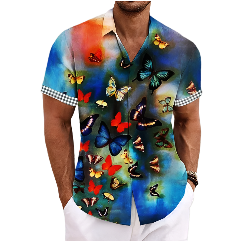 colorful butterflies print shirt with florals graphic Y2K lapel design for Animal Instincts theme night resort wear