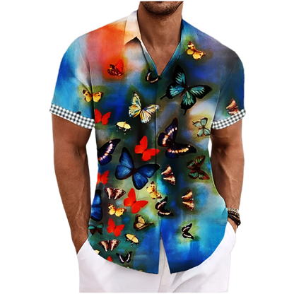 colorful butterflies print shirt with florals graphic Y2K lapel design for Animal Instincts theme night resort wear