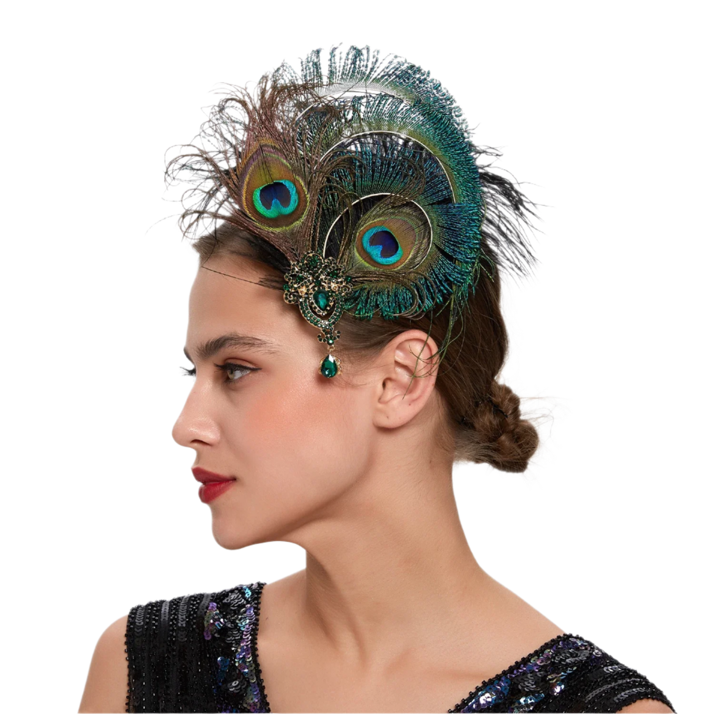 Luxurious peacock feather headband with rhinestones and tassels for exotic Gatsby resort theme nights

