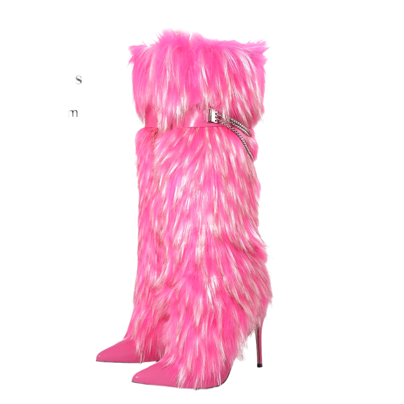 Elegant Knee-Length Fluffy Fur Boots with Stiletto Heel for Resort Evening Wear