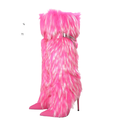 Elegant Knee-Length Fluffy Fur Boots with Stiletto Heel for Resort Evening Wear