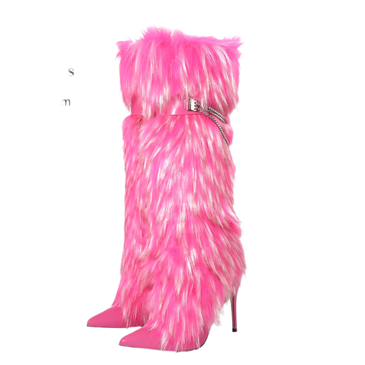 Elegant Knee-Length Fluffy Fur Boots with Stiletto Heel for Resort Evening Wear