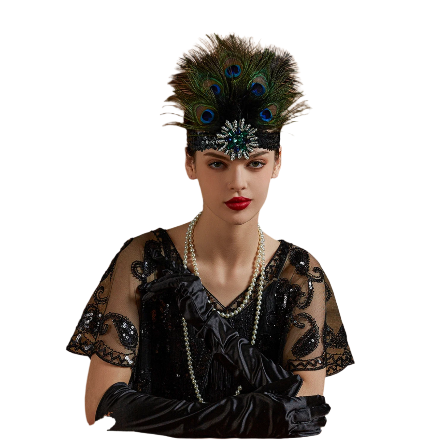 Luxurious peacock feather headband with rhinestones and tassels for exotic Gatsby resort theme nights

