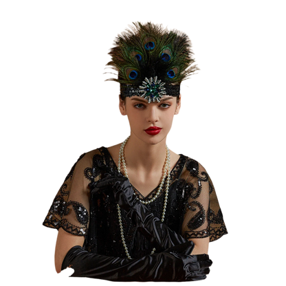 Luxurious peacock feather headband with rhinestones and tassels for exotic Gatsby resort theme nights

