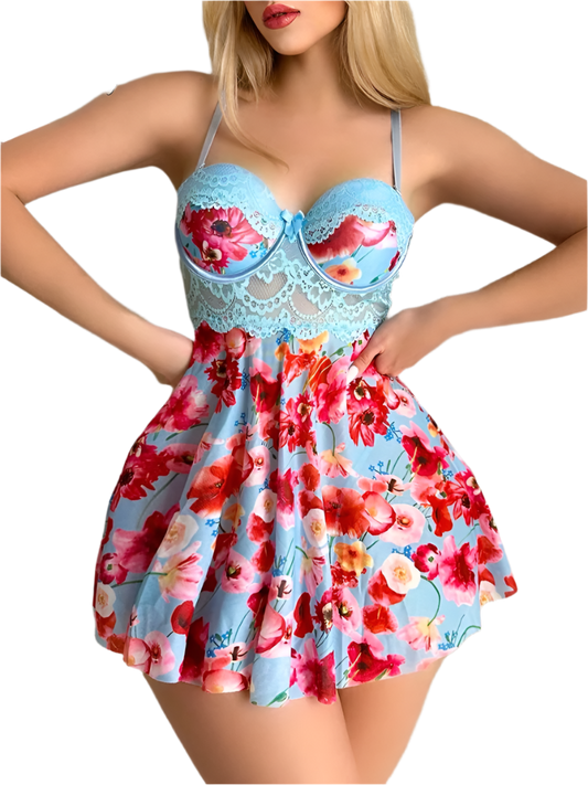 Floral Dress with Lace: A dress with a fitted bodice featuring light blue lace and a floral pattern in shades of red and pink. The skirt is flowy with a vibrant floral design.

