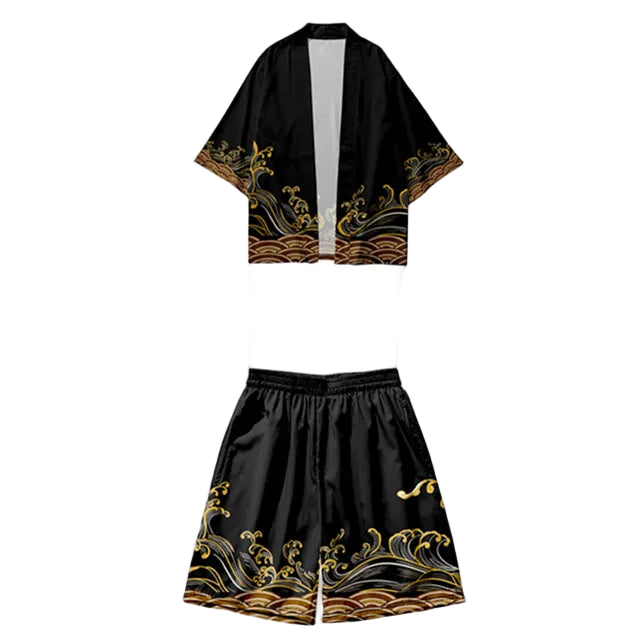 Black kimono-style outfit with gold patterns on a white background