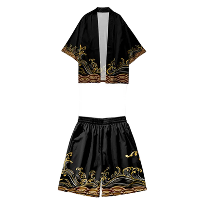 Black kimono-style outfit with gold patterns on a white background