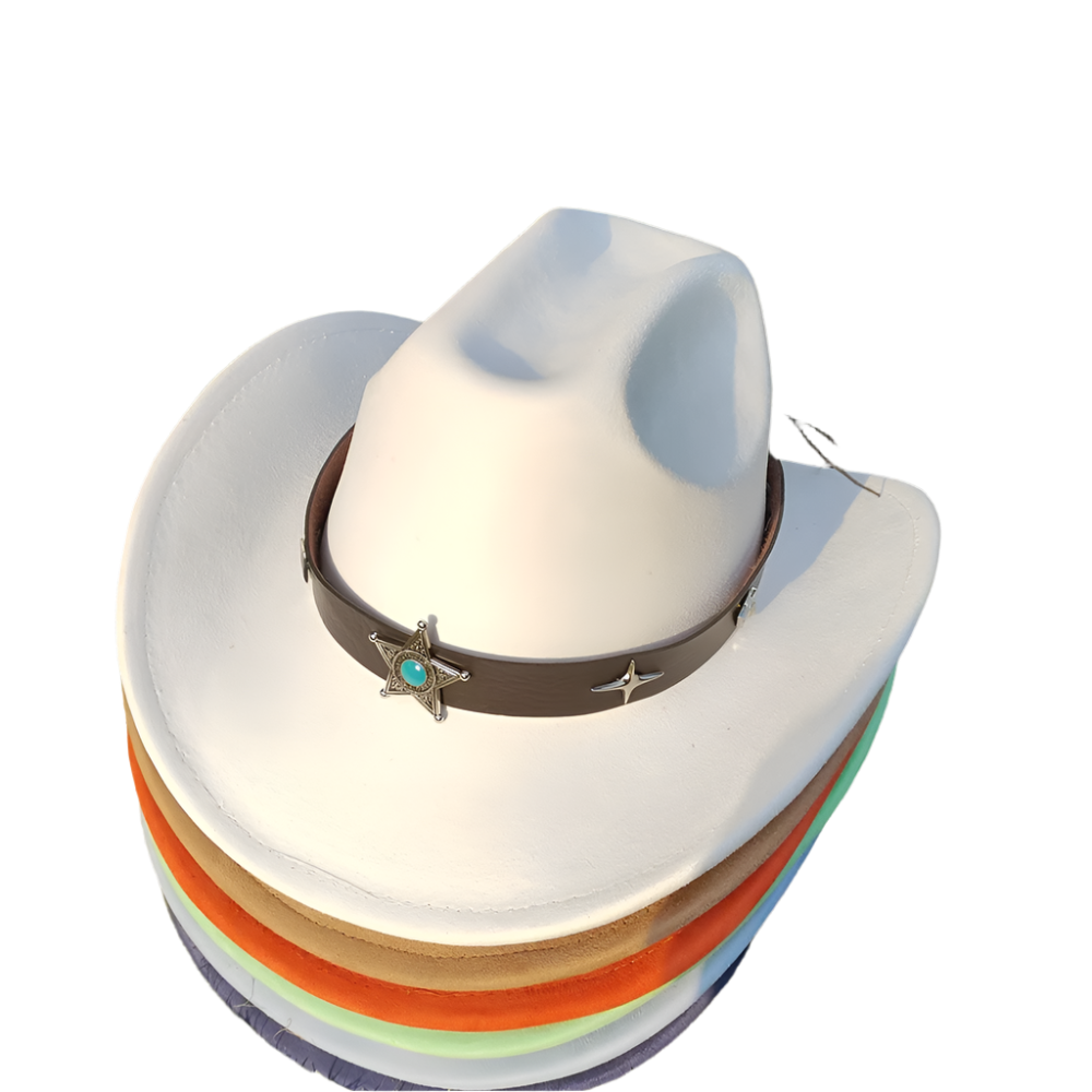 White cowboy hat with a brown band featuring star designs on a grassy background.