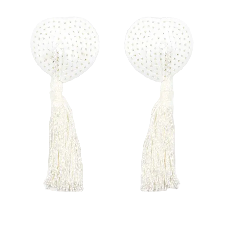 Pair of white beaded earrings with tassels on a white background