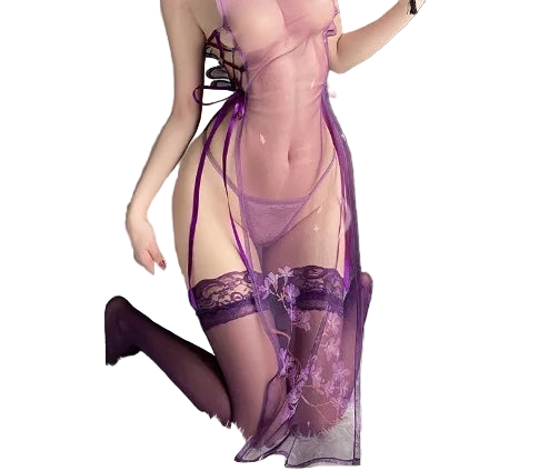 Person wearing a sheer purple lingerie set on a white rug with bottles in the background