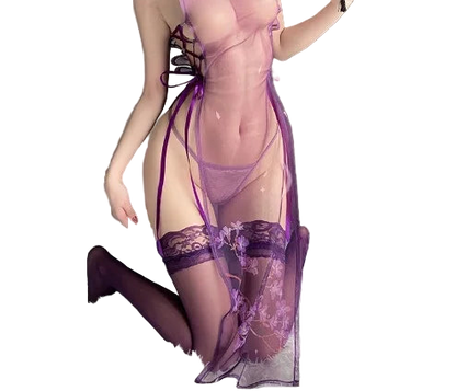 Person wearing a sheer purple lingerie set on a white rug with bottles in the background