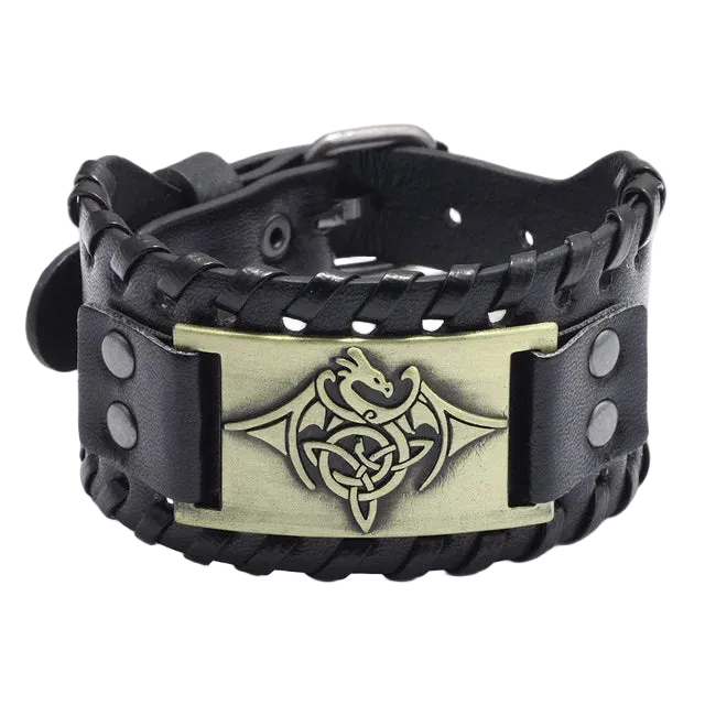 Black leather bracelet with a gold emblem featuring a dragon design on a white background