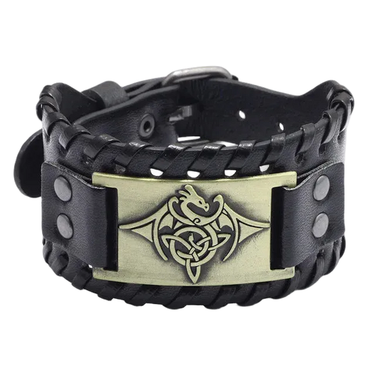 Black leather bracelet with a gold emblem featuring a dragon design on a white background
