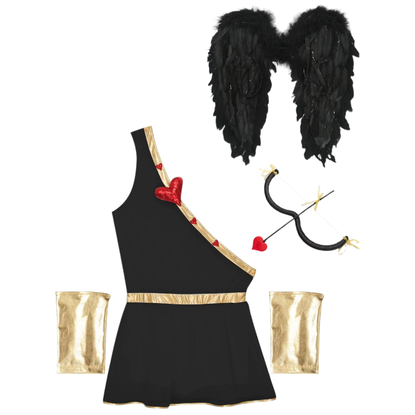 Cupid toga-style costume with gold accessories, black wings, and heart-shaped glasses