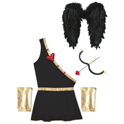 Cupid toga-style costume with gold accessories, black wings, and heart-shaped glasses