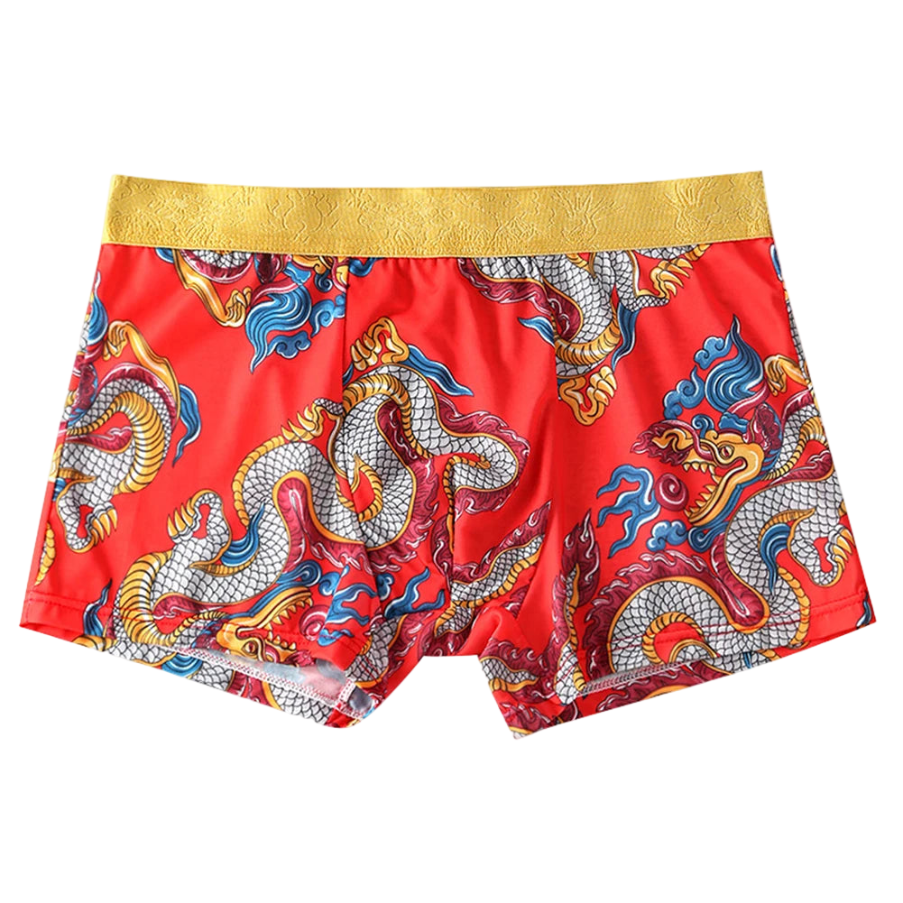 Red shorts with dragon pattern and gold waistband on a white background