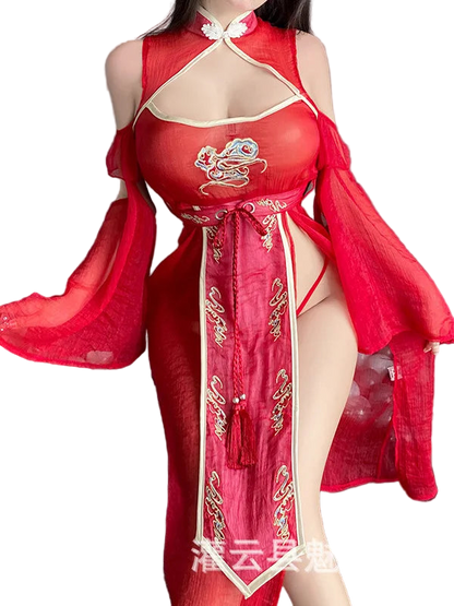 Red traditional outfit with intricate designs on a dark background