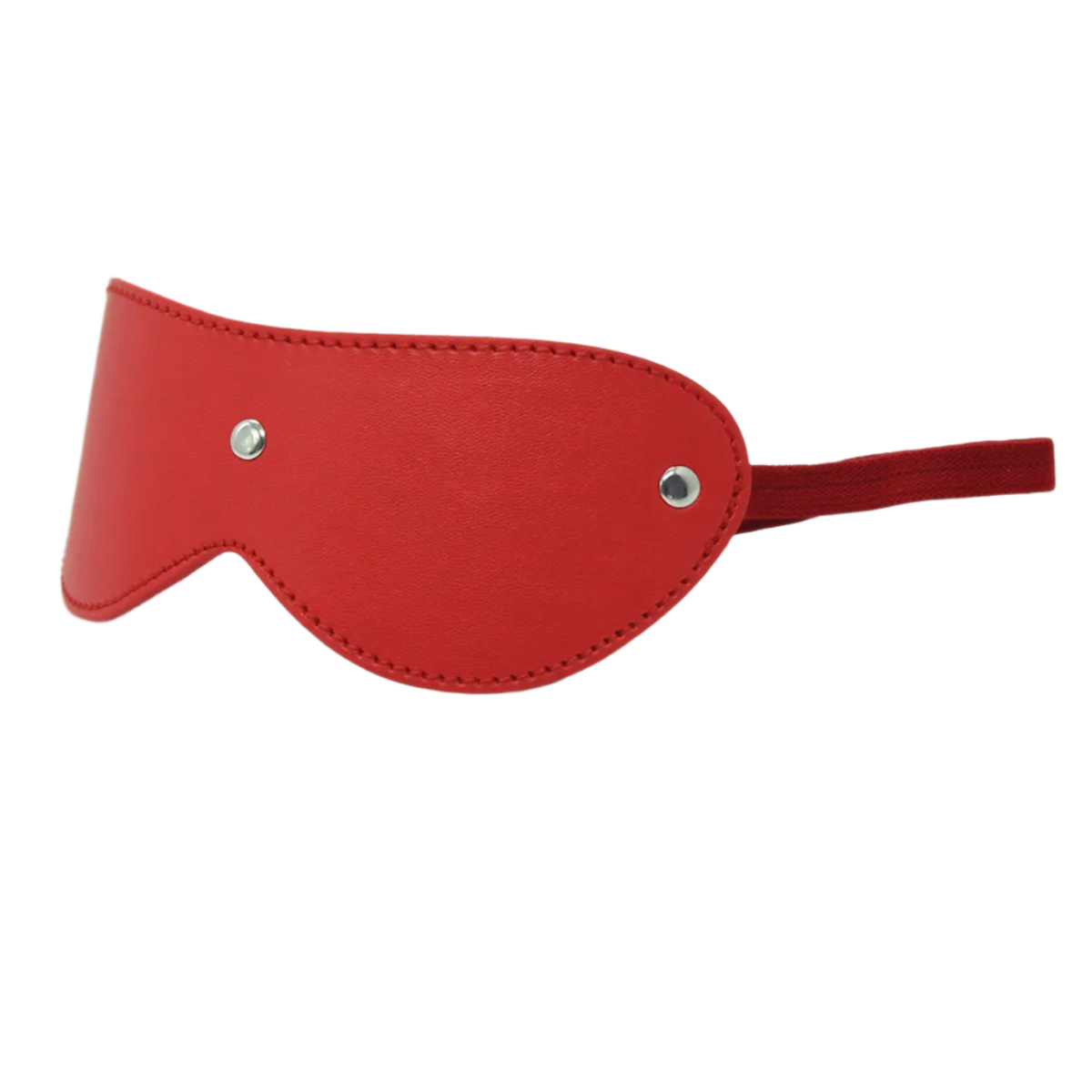 A red leather eye mask and studded details. The design is sleek and mysterious, perfect for a costume or themed event.