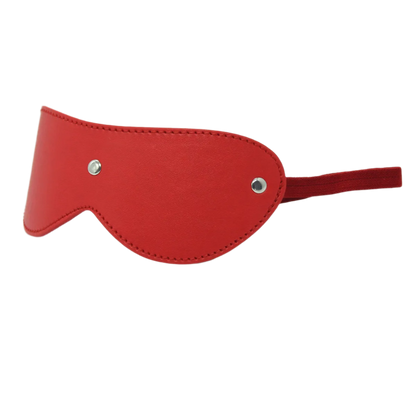 A red leather eye mask and studded details. The design is sleek and mysterious, perfect for a costume or themed event.