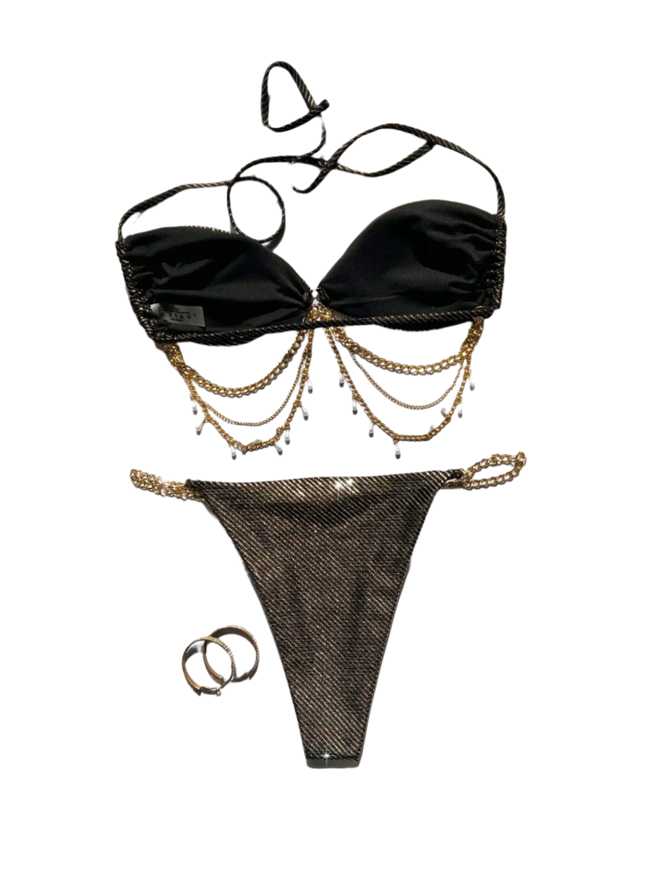 A glamorous black bikini with a metallic sheen, adorned with gold chain embellishments. The set includes a bandeau top and matching bottoms, offering a luxurious and stylish appearance.