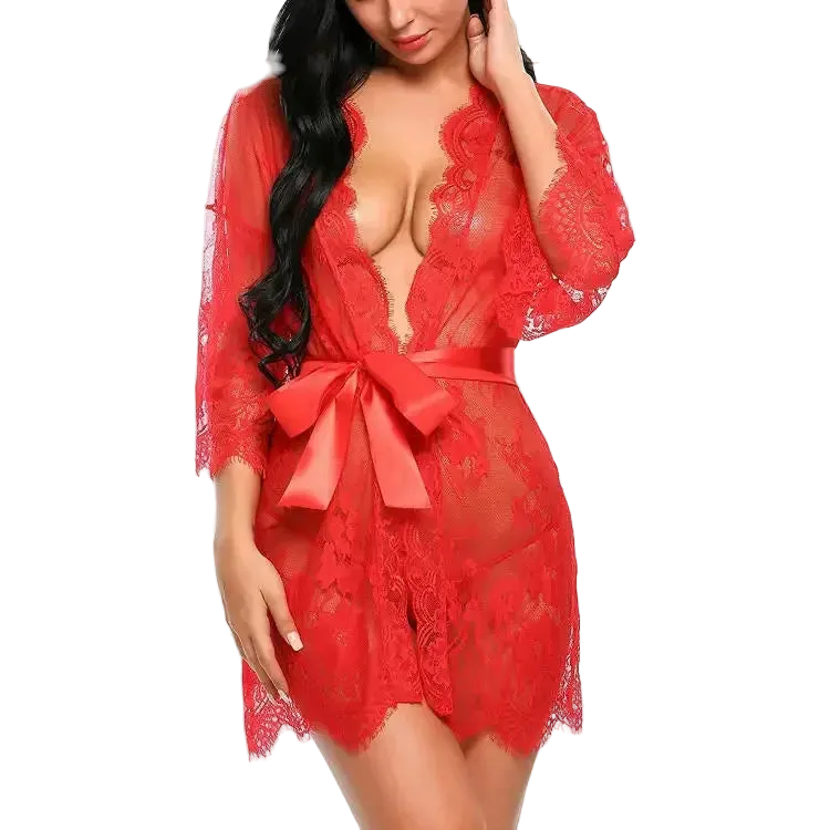 Red lace robe with a bow on a white background