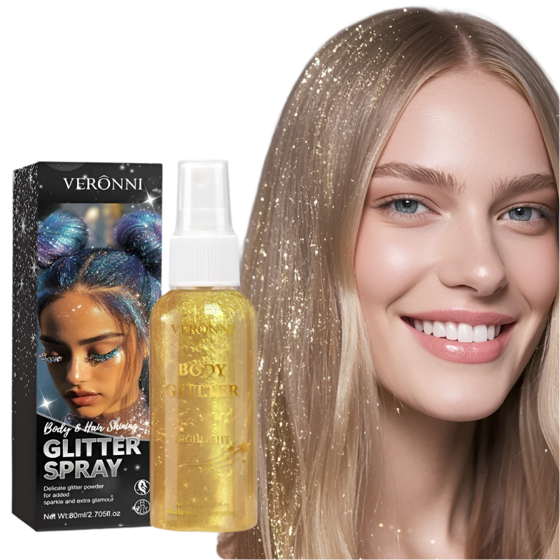 Verônni glitter spray bottle and packaging with a model wearing glitter hair.