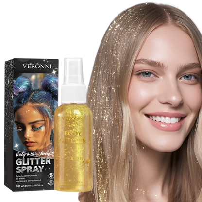 Verônni glitter spray bottle and packaging with a model wearing glitter hair.