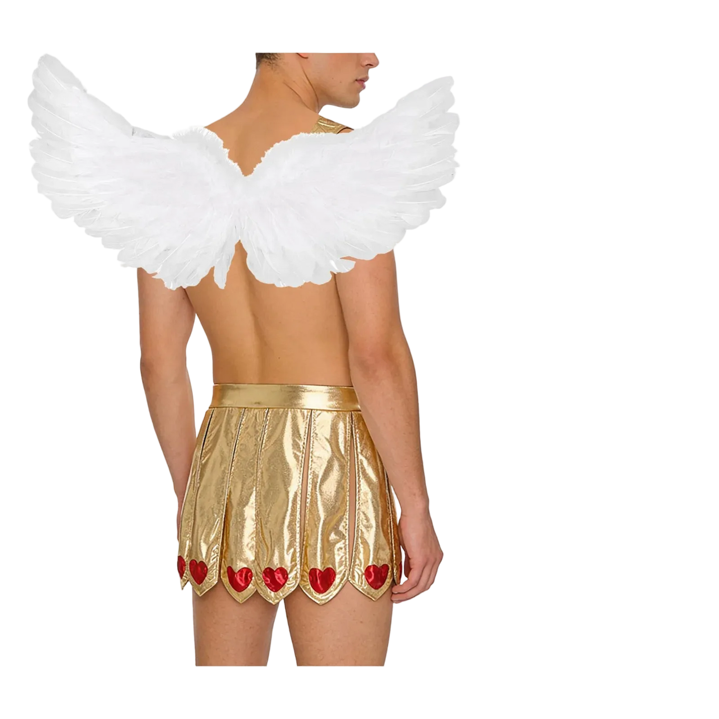 A person shown from the back wearing a white angel wing costume accessory with a gold metallic mini skirt featuring red heart trim, plus separate accessories on the right: a white feather headband, a white bow, and arrows.