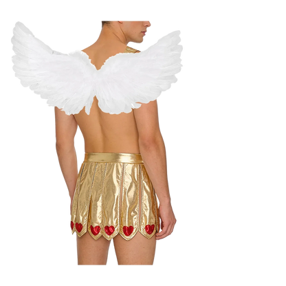 A person shown from the back wearing a white angel wing costume accessory with a gold metallic mini skirt featuring red heart trim, plus separate accessories on the right: a white feather headband, a white bow, and arrows.