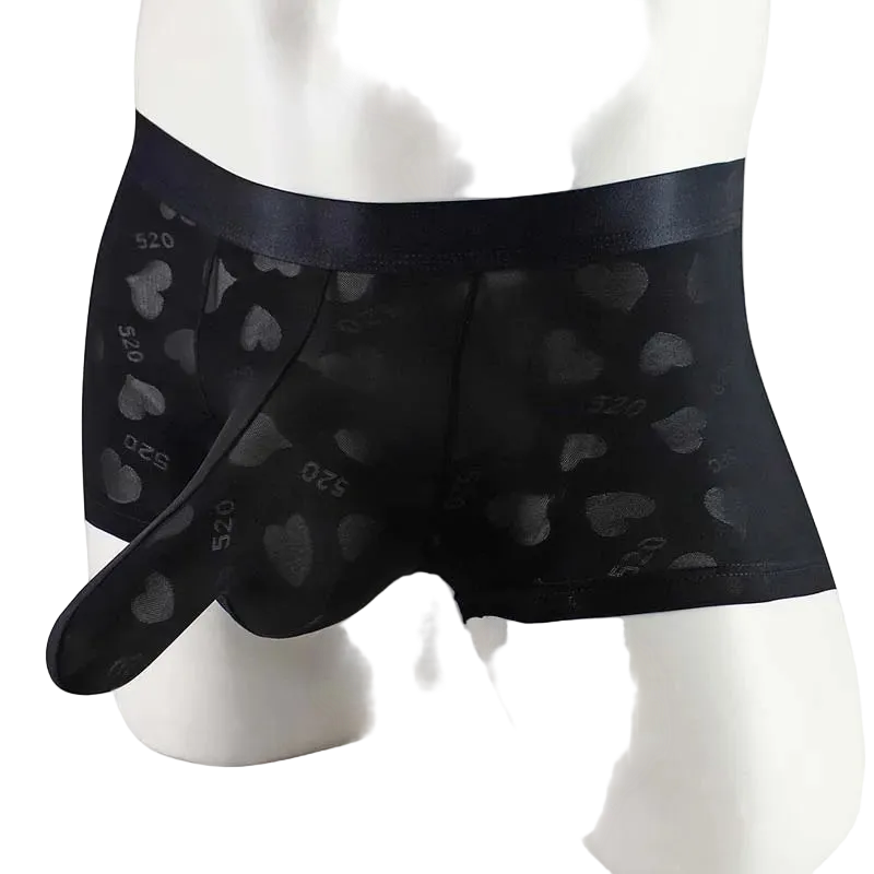 Black boxer briefs with heart patterns on a mannequin against a white background