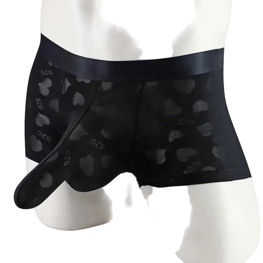 Black boxer briefs with heart patterns on a mannequin against a white background