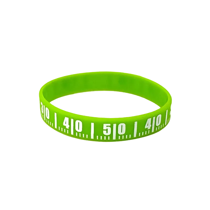 A bright lime green silicone wristband featuring white printed measurement markings in increments of 4 and 5, shown on a plain white background.