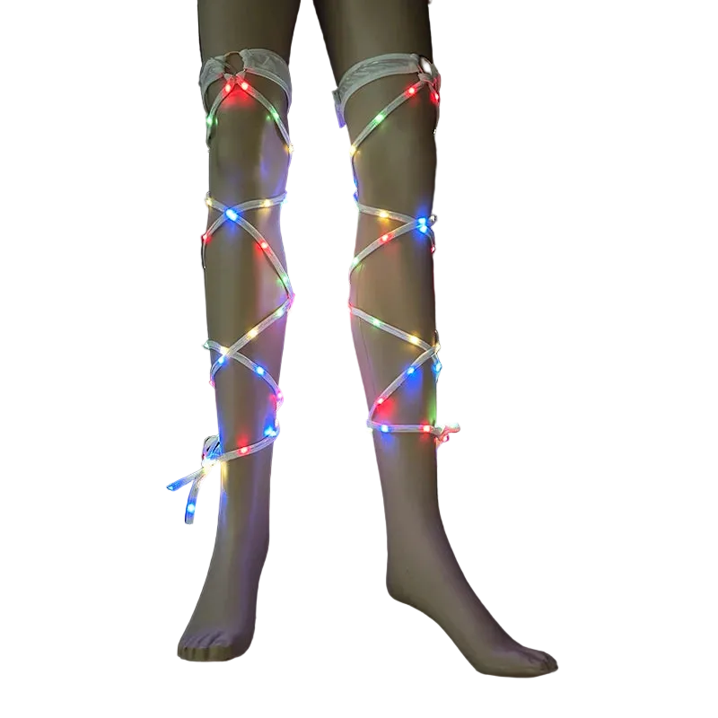 Leg wraps with multicolored LED lights on a black background