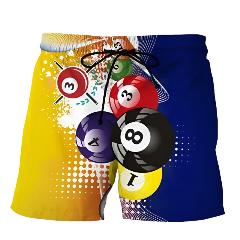 Billiard Shorts: A collection of colorful shorts with billiard ball graphics. Each pair features vibrant designs with different pool ball themes, adding a fun and sporty touch.