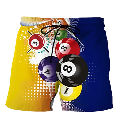 Billiard Shorts: A collection of colorful shorts with billiard ball graphics. Each pair features vibrant designs with different pool ball themes, adding a fun and sporty touch.