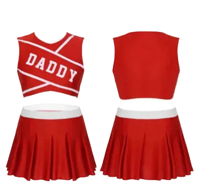 A red and white two-piece cheerleader costume set shown from both front and back views. The set includes a sleeveless crop top with 'DADDY' written in white block letters on the front, crossed white stripes, and a matching pleated red skirt with a white waistband.