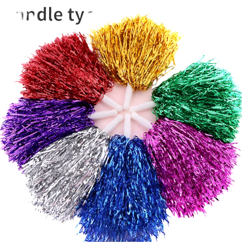 Colorful tinsel pom-poms with a white center on a white background