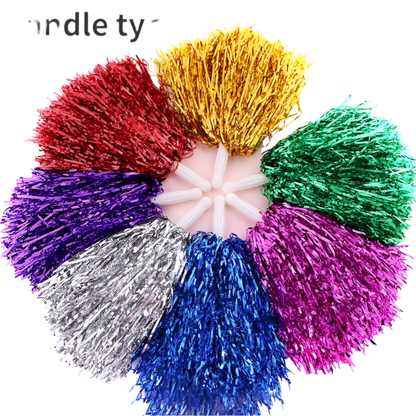 Colorful tinsel pom-poms with a white center on a white background